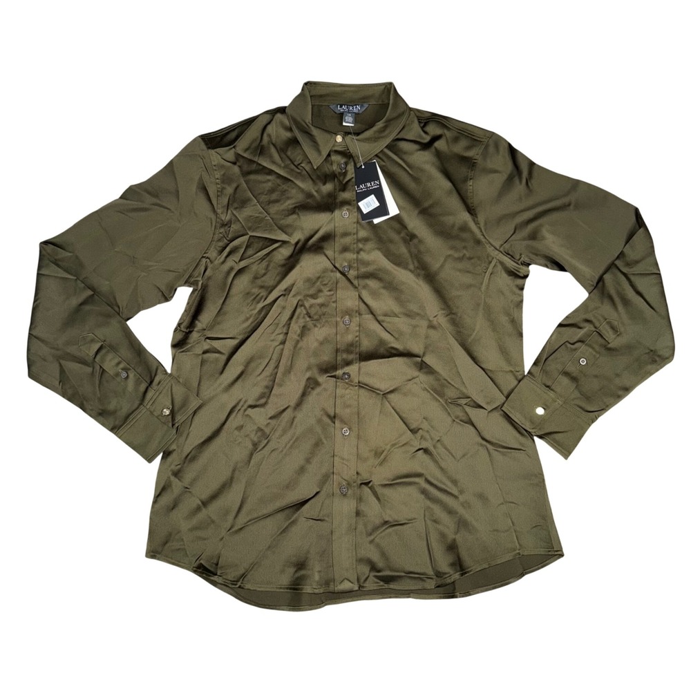 Lauren Ralph Lauren Button Down Women L Olive Green NWT Satin Blouse Long Sleeve